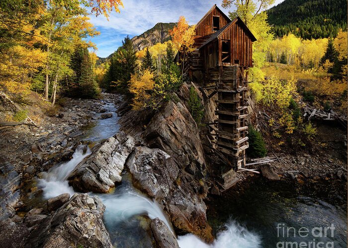 Autumn Greeting Card featuring the photograph Crystal Mill in Colorado Rockies with Brilliant Yellow Aspen Trees in Autumn by Tom Schwabel