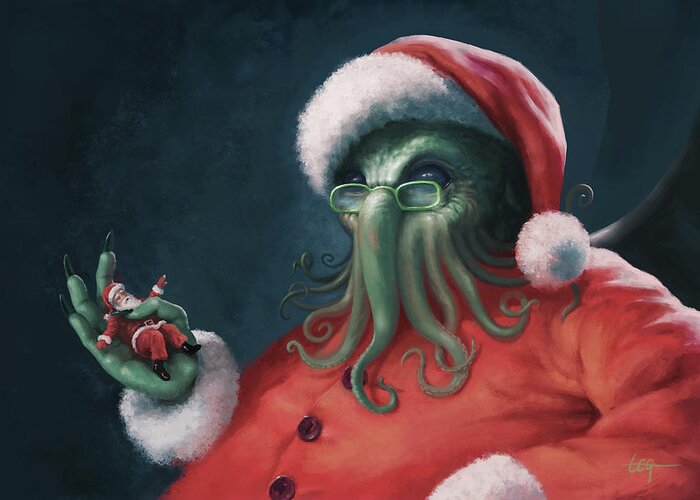 Cthulhu Greeting Card featuring the painting Cthulhu Claus - Holiday Snack by Tom Gehrke