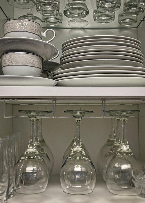 Table Greeting Card featuring the photograph Cupboard - wine glasses and plates by Portia Olaughlin