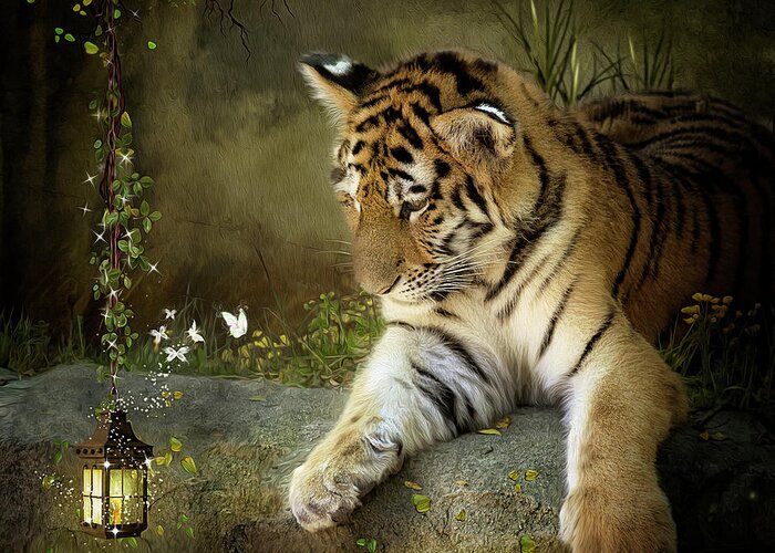 Tiger Greeting Card featuring the digital art Curiosity by Maggy Pease