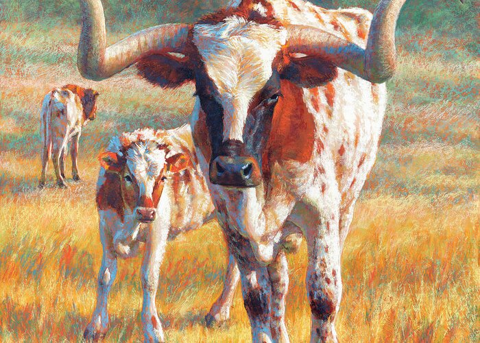 Cow Greeting Card featuring the pastel Curious and Curiouser by Rita Kirkman