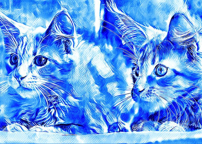 Maine Coon Greeting Card featuring the digital art Curious Maine Coon kittens - digital painting in blue and white by Nicko Prints