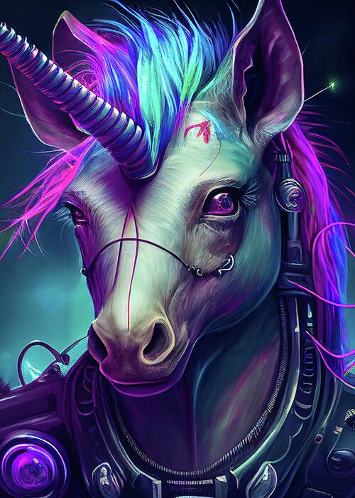 Unicorn Greeting Card featuring the digital art Cyberpunk Unicorn Portrait 01 by Matthias Hauser