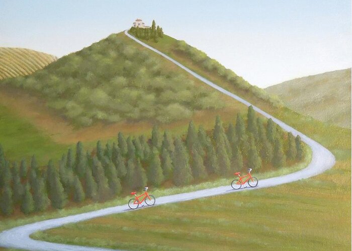 Red Bicycles Greeting Card featuring the painting Cycling Tuscany by Phyllis Andrews