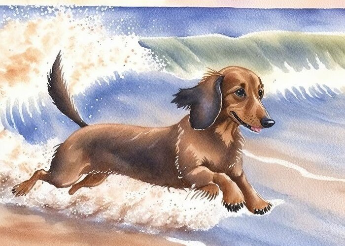Dachshund Hund Greeting Card featuring the painting dachshund Hund dog at beach by N Akkash