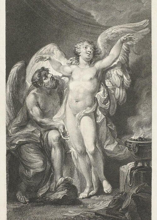 Christian Friedrich Stolzel Greeting Card featuring the drawing Daedalus teaches Icarus how to fly by Christian Friedrich Stolzel