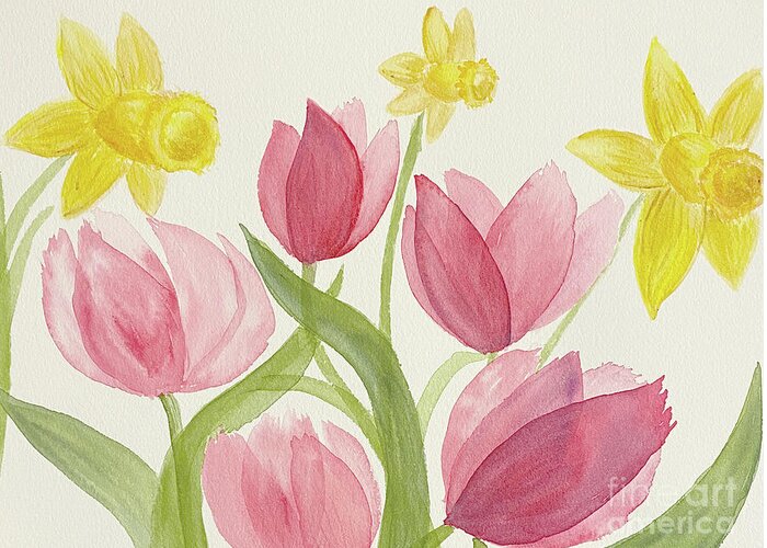 Daffodils Greeting Card featuring the painting Daffodils and Friends by Lisa Neuman