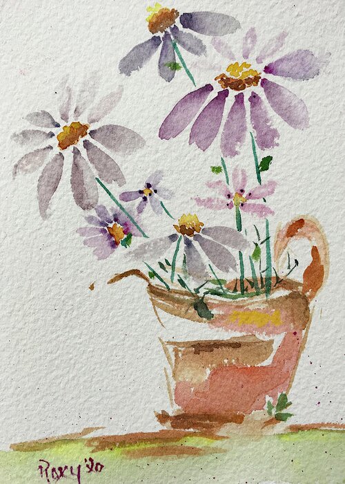 Daisy Greeting Card featuring the painting Daisies in a Rusty Copper Pitcher by Roxy Rich