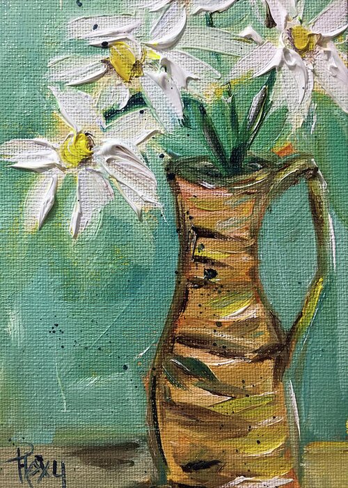 Daisies Greeting Card featuring the painting Daisies in a Wicker Pitcher by Roxy Rich