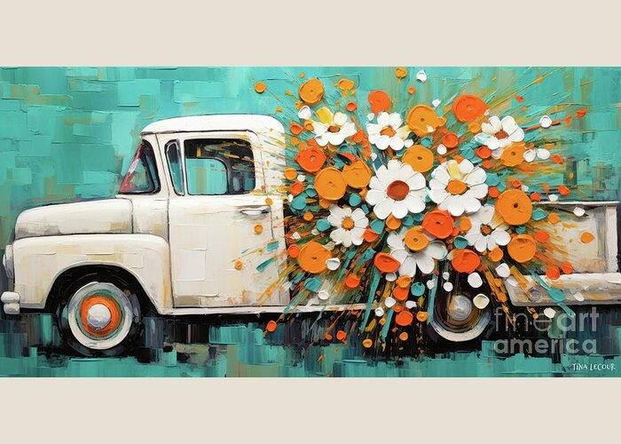 White Truck Greeting Card featuring the painting Daisy Pickup Truck by Tina LeCour
