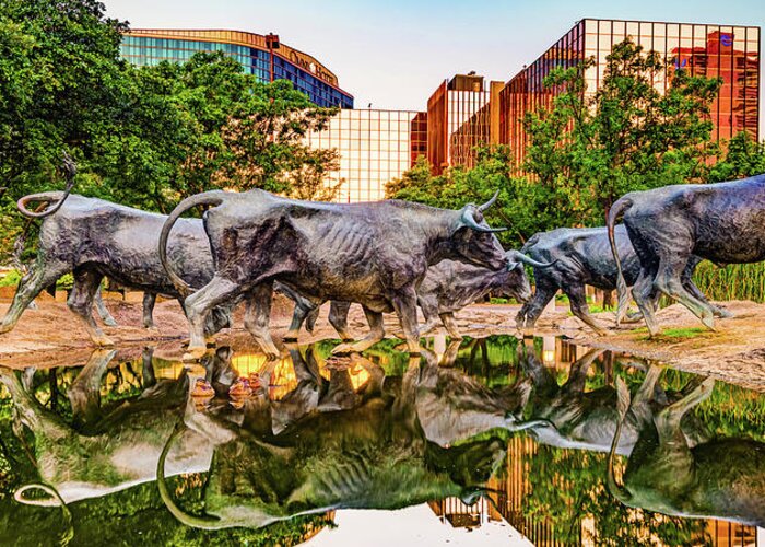 Dallas Skyline Greeting Card featuring the photograph Dallas Pioneer Plaza Texas Longhorns and Cattle Drive Sculptures Panorama by Gregory Ballos