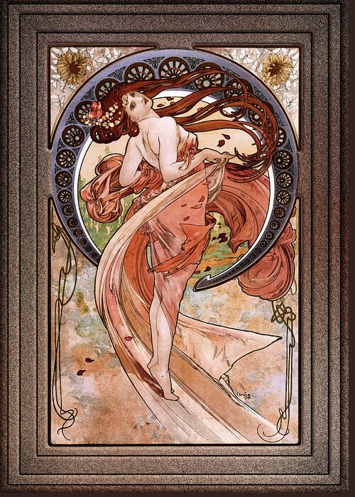 Dance Greeting Card featuring the painting Dance by Alphonse Mucha Black Background by Rolando Burbon