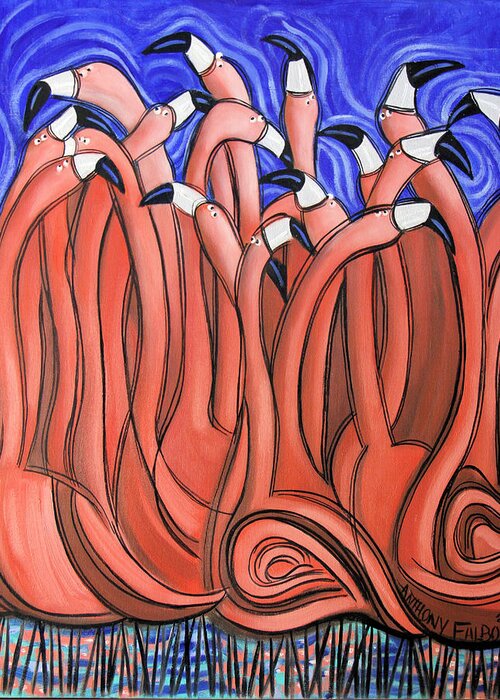 Flamingo's Greeting Card featuring the painting Dancing Flamingo's by Anthony Falbo
