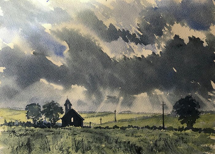 Watercolour Greeting Card featuring the painting Dark Clouds over Abandoned Chapel in Cottam by Glenn Marshall