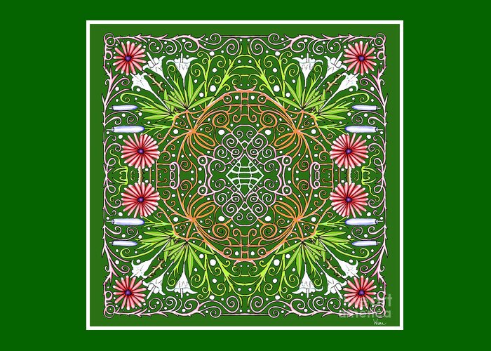 Dark Green Background Greeting Card featuring the mixed media Dark Green Square Design with Pink Gerbera Daisies, White Lilies and Ornate Border by Lise Winne