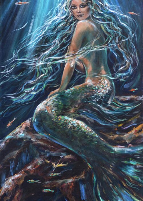 Mermaid Greeting Card featuring the painting Darkness Darkness by Linda Olsen
