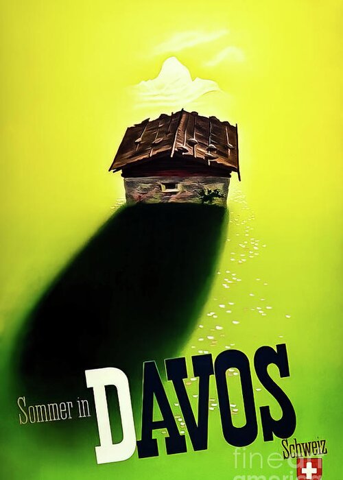 1942 Greeting Card featuring the drawing Davos Switzerland Travel Poster 1942 by M G Whittingham