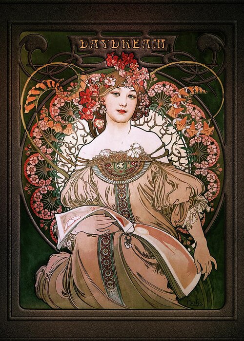 Daydream Greeting Card featuring the painting Daydream by Alphonse Mucha Black Background by Rolando Burbon