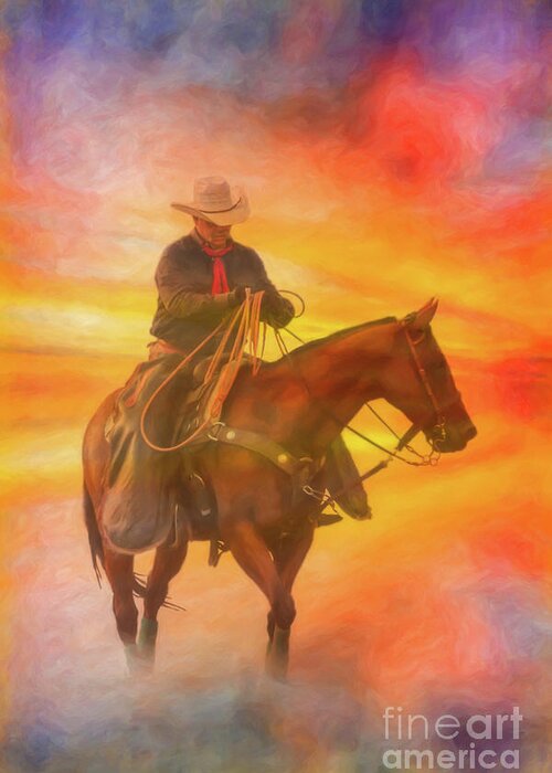 Days End Cowboy Sunset Greeting Card featuring the digital art Days End Cowboy Sunset by Randy Steele