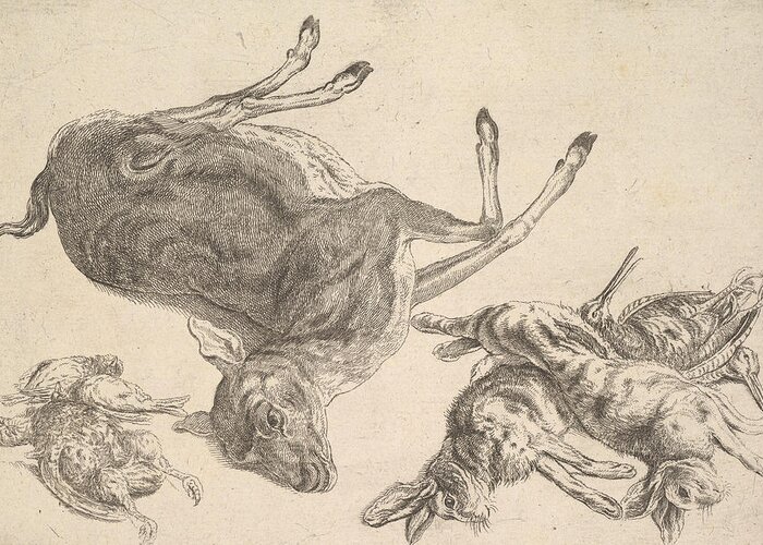 17th Century Artists Greeting Card featuring the relief Dead Deer, Hares and Game by Wenceslaus Hollar