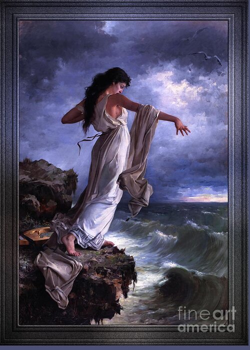 Ocean Waves Greeting Card featuring the painting Death of Sappho by Miguel Carbonell Selva by Rolando Burbon