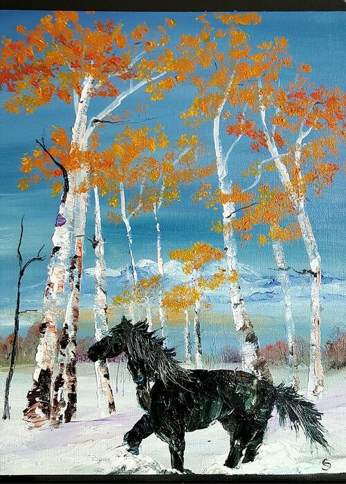Montana Winter Scene With Horse Greeting Card featuring the painting Deep Snow SWMontana by Cheryl Nancy Ann Gordon