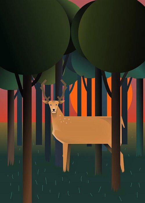 Deer Greeting Card featuring the digital art Deerland Wood by Fatline Graphic Art