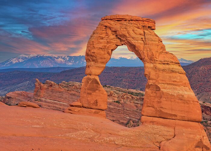 Delicate Arch Greeting Card featuring the photograph Delicate Arch At Sunset by Jim Vallee
