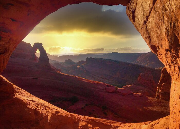 Utah Greeting Card featuring the photograph Delicate Arch through a window by Bradley Morris