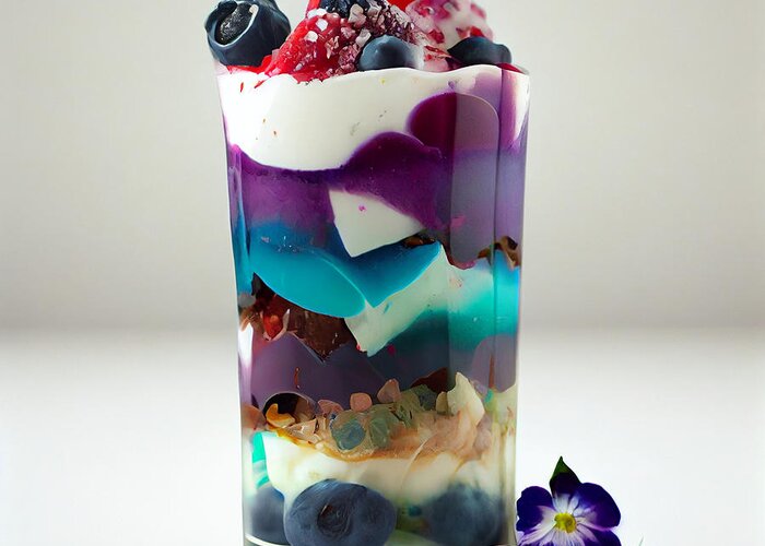 Delicious Temporary Parfait Lots Of Layers Blue Art Greeting Card featuring the digital art Delicious temporary parfait lots of layers blue fccccc dc aa ab cefec by Asar Studios by Celestial Images