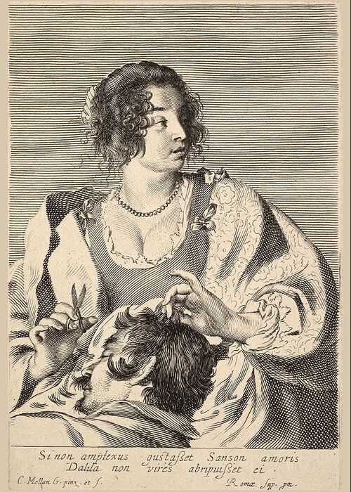 Claude Mellan Greeting Card featuring the drawing Delilah Cutting Samson's Hair by Claude Mellan
