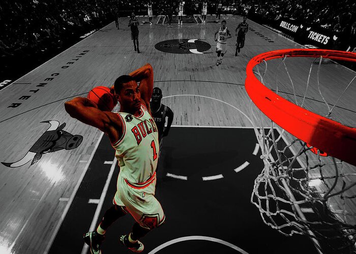 Derrick Rose Greeting Card featuring the mixed media Derrick Rose Took Flight by Brian Reaves