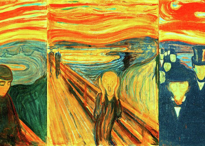 The Scream Greeting Card featuring the digital art Despair, Scream and Anxiety by Edvard Munch - collage by Nicko Prints