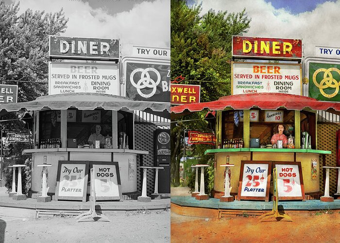 Diner Greeting Card featuring the photograph Diner - Try our 25 cent platter 1940 - Side by Side by Mike Savad