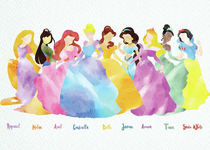 Disney princesses with name colorful watercolor Greeting Card by Mihaela  Pater