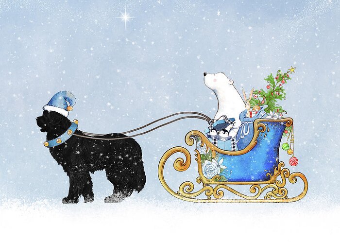 Newf Greeting Card featuring the digital art Dog and Polar Bear in the Snow by Christine Mullis