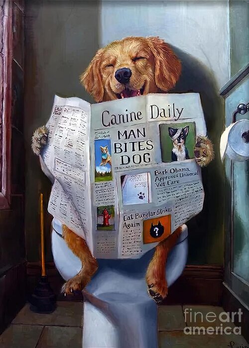  Happy Greeting Card featuring the painting Dog Reading the Newspaper On Toilet Funny by Stewart Joanne