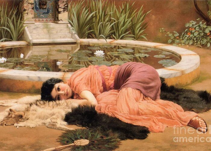 John William Godward 1861–1922 Greeting Card featuring the painting Dolce Far Niente Sweet Idleness or A Pompeian Fishpond 1904 by John William Godward