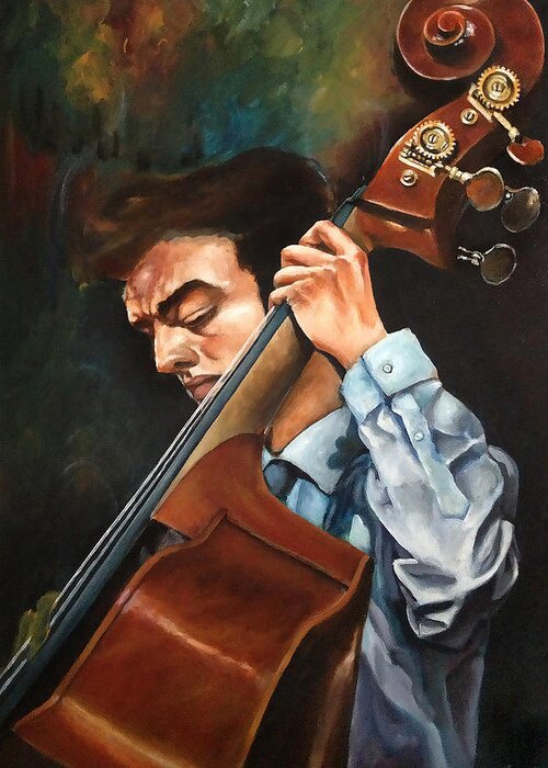 Music Greeting Card featuring the painting Double Bass Player by Art of Ka-Son