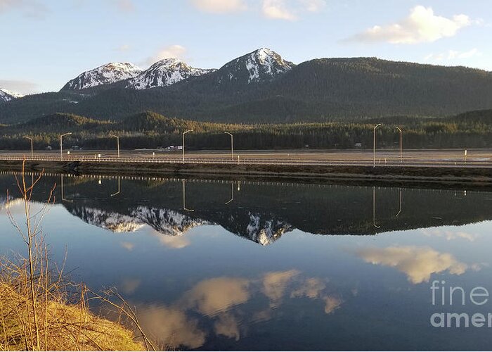 #alaska #juneau #ak #cruise #tours #vacation #peaceful #reflection #twinlakes #egandrive #douglas #capitalcity #clouds #evening #dusk Greeting Card featuring the photograph Douglas, Reflected by Charles Vice