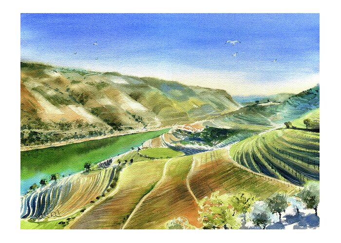 Portugal Greeting Card featuring the painting Douro Valley Scenery Painting by Dora Hathazi Mendes