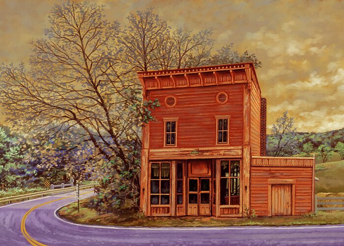 Road Greeting Card featuring the painting Down on the corner by Hans Neuhart