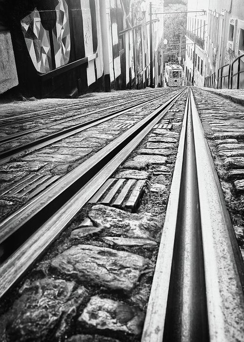 Lisbon Greeting Card featuring the photograph Down The Tram Tracks Lisbon Portugal Black and White by Carol Japp