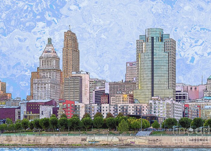 Cincinnati Greeting Card featuring the digital art Downtown Cincinnati - the Banks by Bentley Davis