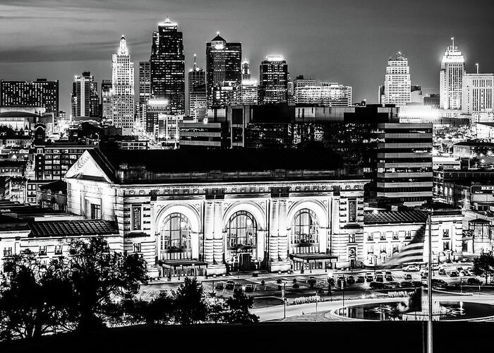 Kansas City Skyline Greeting Card featuring the photograph Downtown Kansas City Skyline and Union Station in Black and White by Gregory Ballos