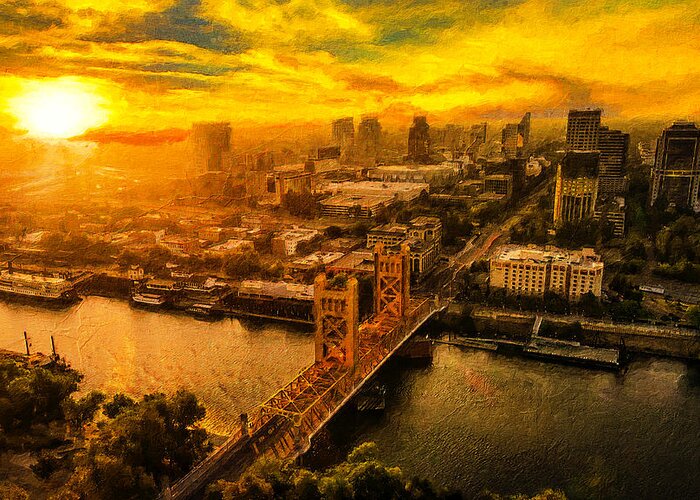 Sacramento Greeting Card featuring the digital art Downtown Sacramento and Tower Bridge at sunset - digital painting by Nicko Prints