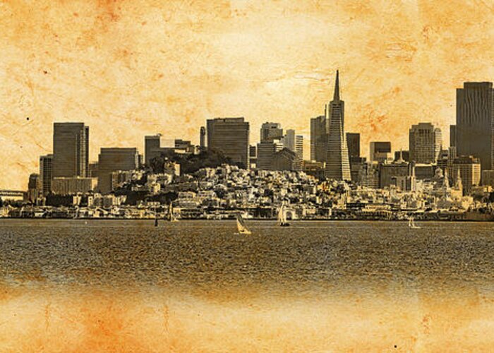 San Francisco Greeting Card featuring the digital art Downtown San Francisco skyline and the Golden Gate bridge - blended on old paper by Nicko Prints
