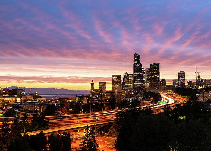 Outdoor; Sunset; Spring; Twilight; Downtown; Seattle; Highways; Elliot Bay; Night; Night Photography; Cloud; Strip Clouds; Washington Beauty; Pnw Photography Greeting Card featuring the digital art Downtown Seattle in Twilight by Michael Lee