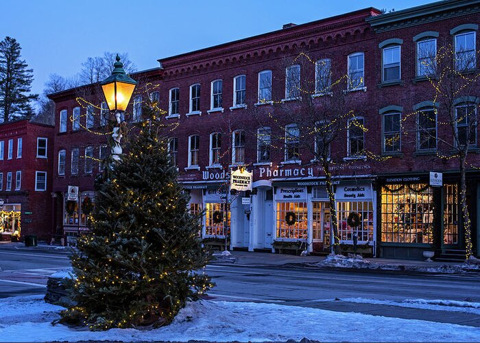 Woodstock Greeting Card featuring the photograph Downtown Woodstock VT Christmas Tree at Dusk Woodstock Pharmacy by Toby McGuire
