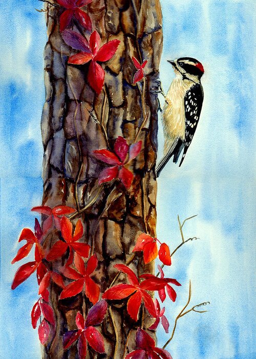 Bird Greeting Card featuring the painting Downy on Pine by Art by Carol May